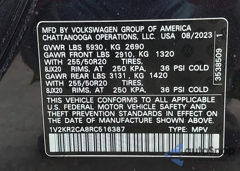 2024 Volkswagen Atlas 2.0T Se W/Technology from USA, damaged, VIN 1V2KR2CA8RC516387